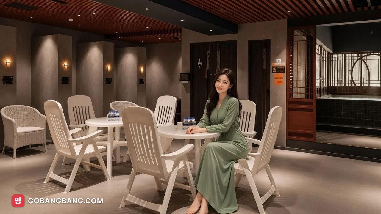 마카오 사우나 유 사우나의 다이닝 라운지 — 우드 슬랫 천장 아래 흰 라운지 체어가 둘러선 테이블에 초록 가운 차림의 여성이 앉아 있고, 안쪽 격자문 너머로 온수 풀이 보이는 모습