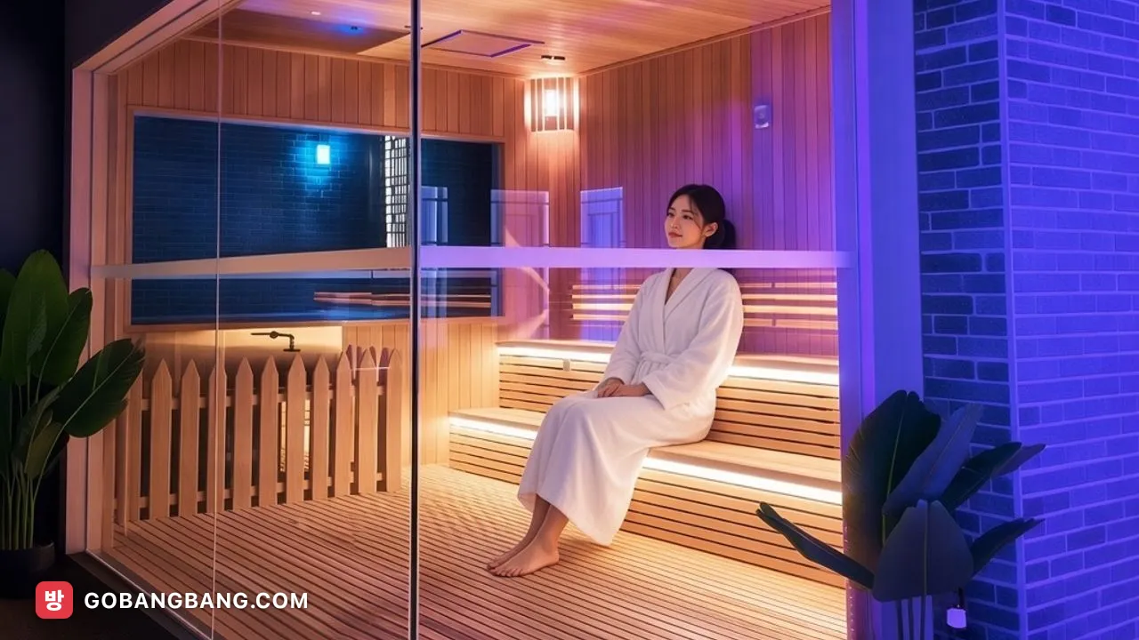 마카오 사우나 유 사우나의 유리 스팀룸 — 유리벽으로 둘러싸인 증기실 안쪽 벽을 따라 타일 벤치가 낮게 이어지고, 자욱한 김 사이로 조명이 부드럽게 번지는 모습
