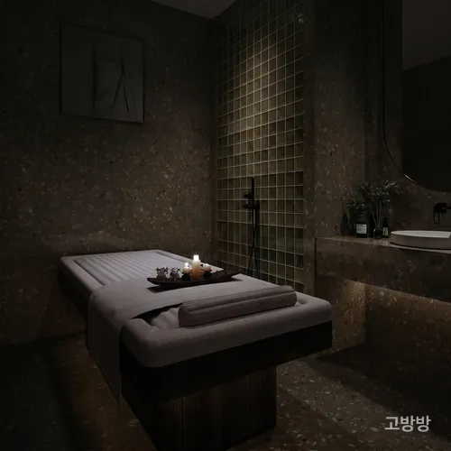 어두운 석재 벽과 모자이크 타일 샤워존이 있는 엠파이어 사우나 프라이빗 마사지룸, 마카오