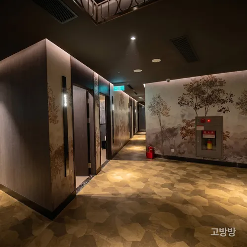 나무 그림 벽지를 따라 프라이빗룸 문이 이어지는 만하오 스파 복도, 마카오