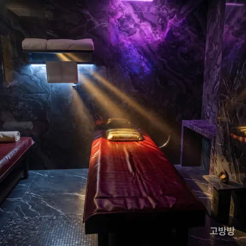 퍼플 조명이 물든 대리석 룸에 레드 마사지 베드가 놓인 만하오 스파 테마 테라피룸, 마카오