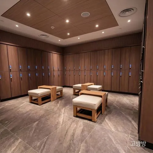 월넛 로커와 쿠션 벤치를 갖춘 넘버나인 스파 탈의실, 마카오