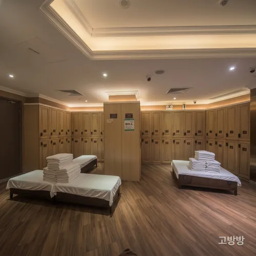 원목 사물함과 흰 타월이 정돈된 베드가 놓인 빅토리아 사우나 탈의실, 마카오