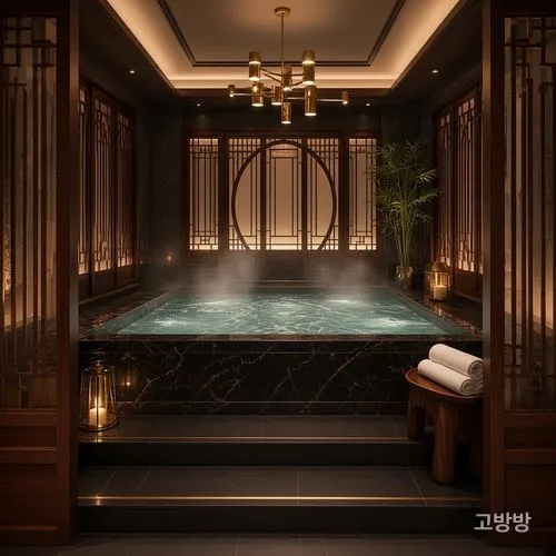 격자 문살과 원형 문 앞에 김이 오르는 대리석 온수 풀 홀, 유 사우나, 마카오